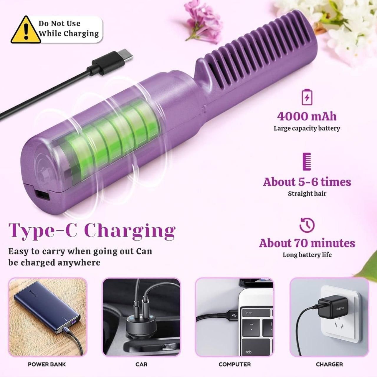 Portable Mini Hair Straightener Cordless Rechargeable Comb