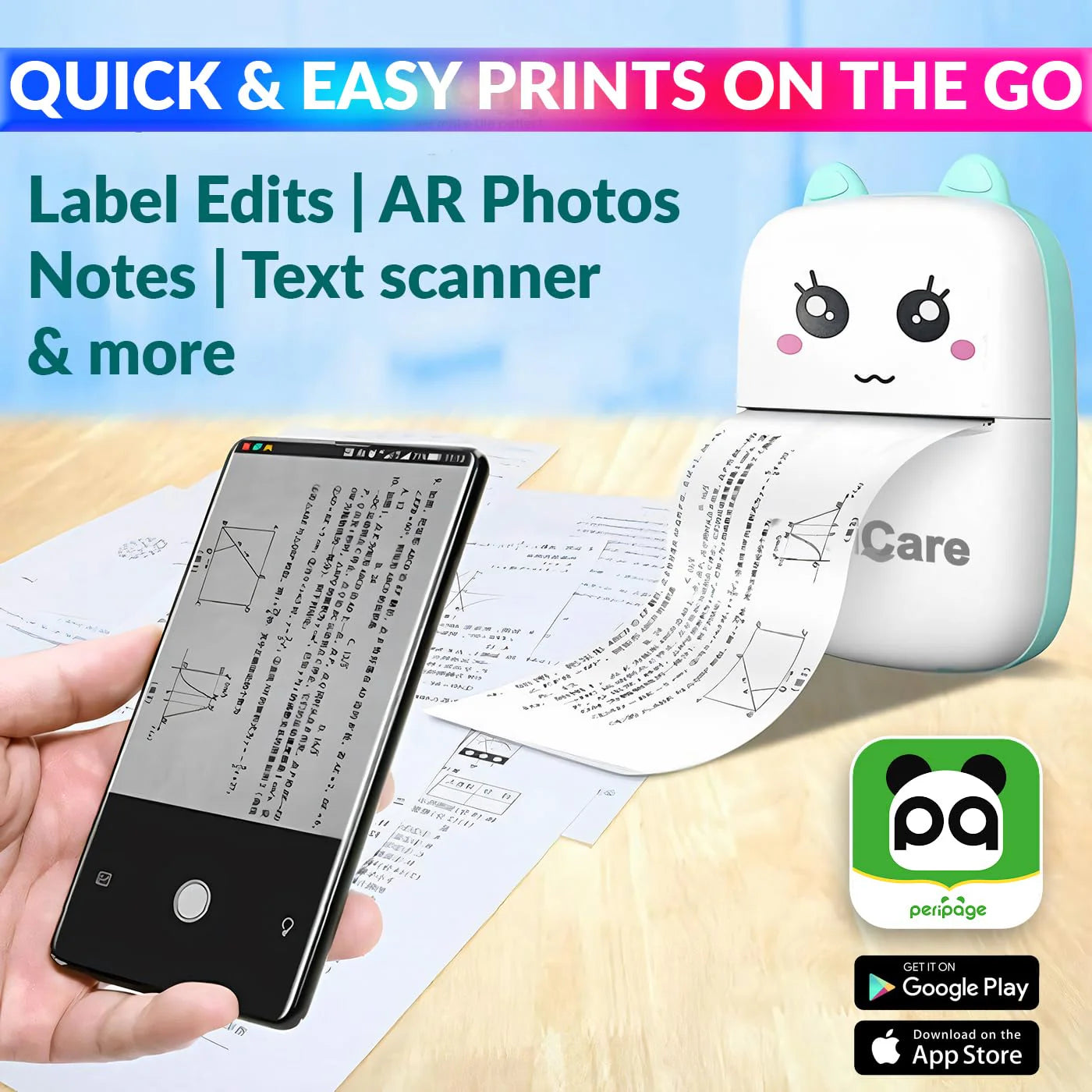 Mini Printer, Wireless Bluetooth Mobile Printer, Thermal Printer for Picture Photo Label Memo with USB Cable for Study/Android/iOS Smartphone