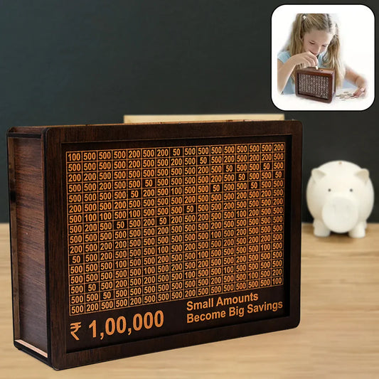 Wooden Money Bank Box for Saving ₹1 Lakh – DIY Tracker Piggy Bank for Kids & Adults