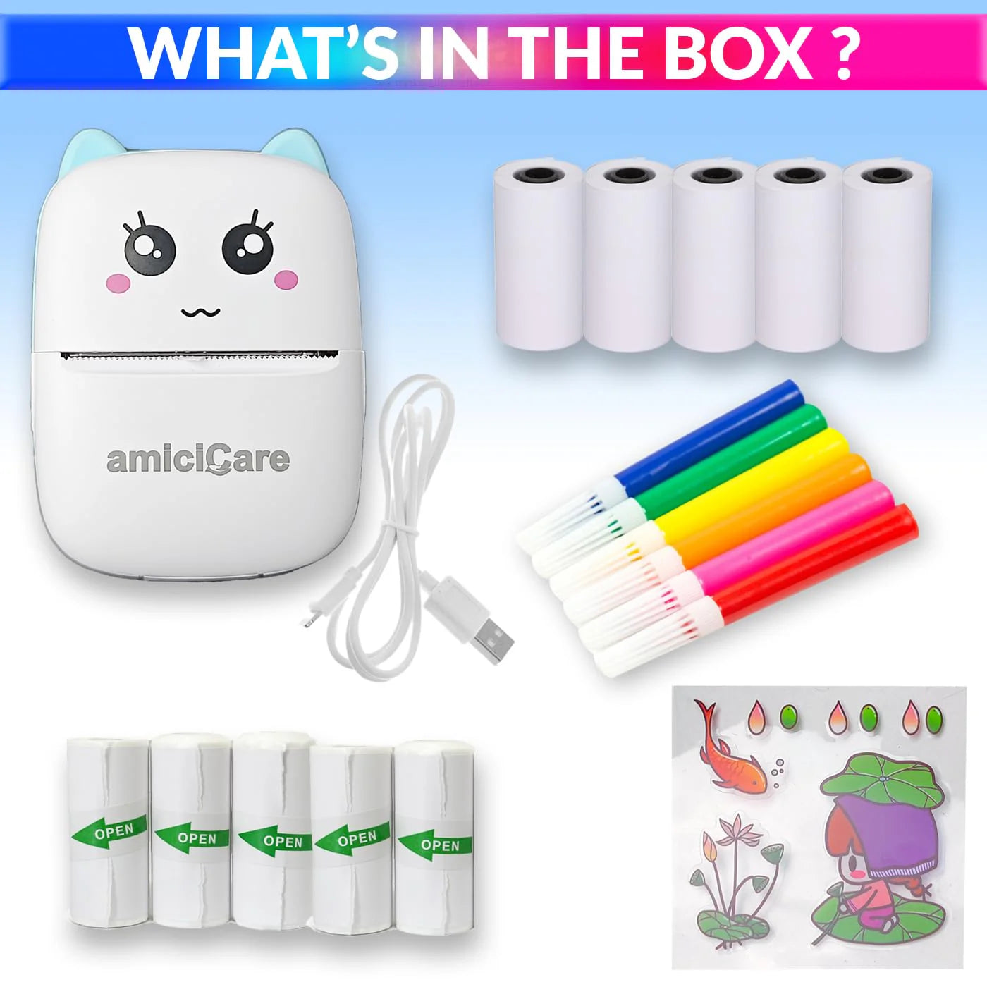 Mini Printer, Wireless Bluetooth Mobile Printer, Thermal Printer for Picture Photo Label Memo with USB Cable for Study/Android/iOS Smartphone