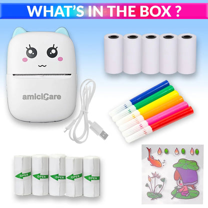 Mini Printer, Wireless Bluetooth Mobile Printer, Thermal Printer for Picture Photo Label Memo with USB Cable for Study/Android/iOS Smartphone